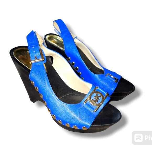 Michael Kors Shoes - Michael Kors blue and black slingback wedges with gold MK Logo hardware size 6M